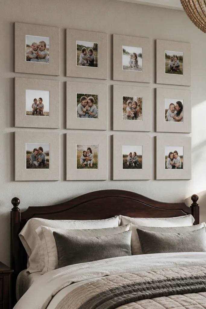 Fabric-covered foam board squares with photos arranged in a grid