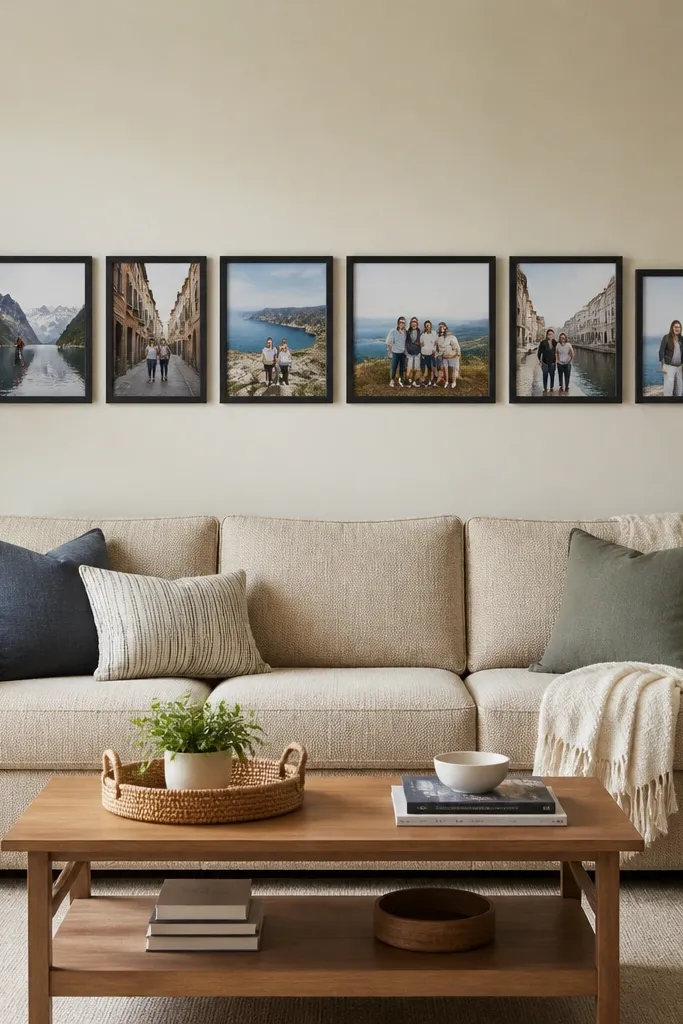 A long narrow collage strip of photos above a sofa or bed
