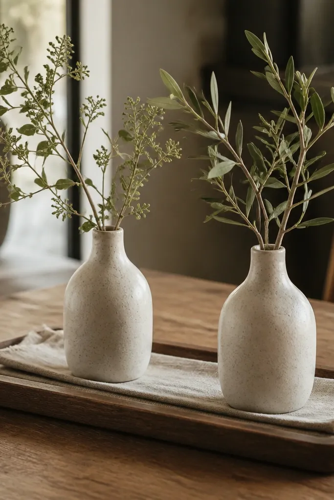 Wood tray with two small ceramic vases and a folded linen strip