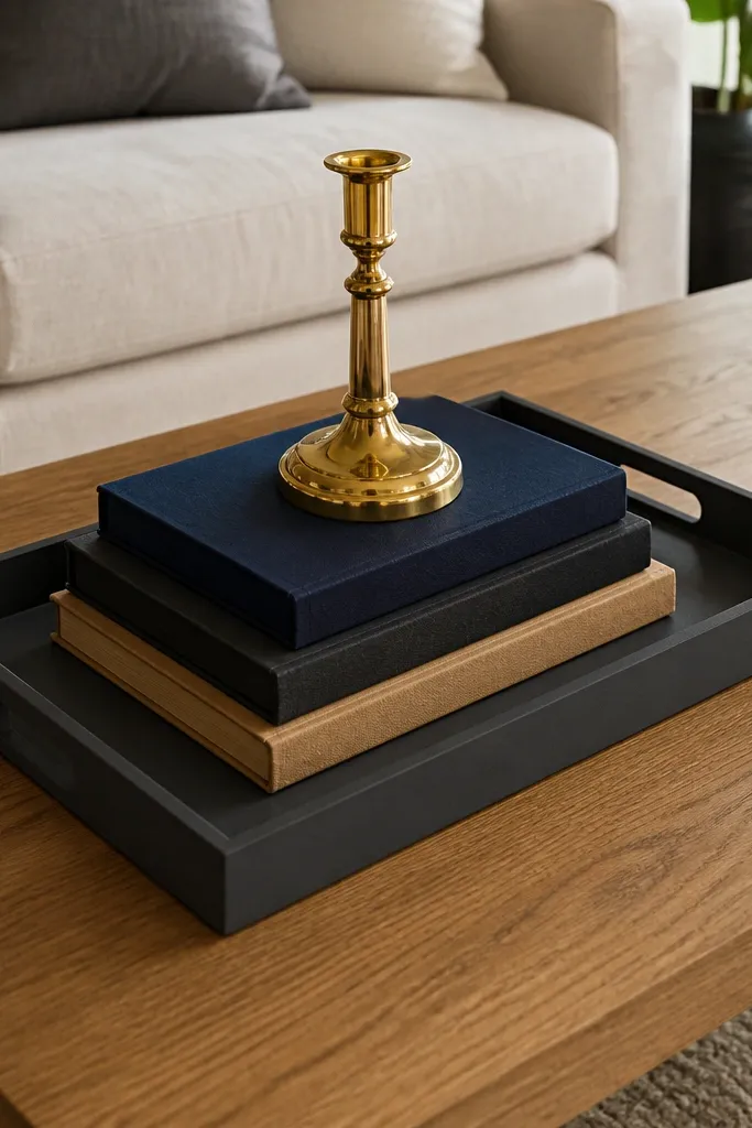 Charcoal tray with three stacked books and a small brass candle