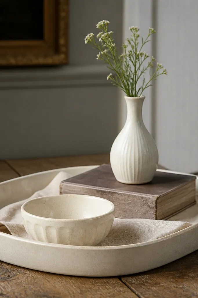 Cream tray with a fabric liner and two small decor items at different heights