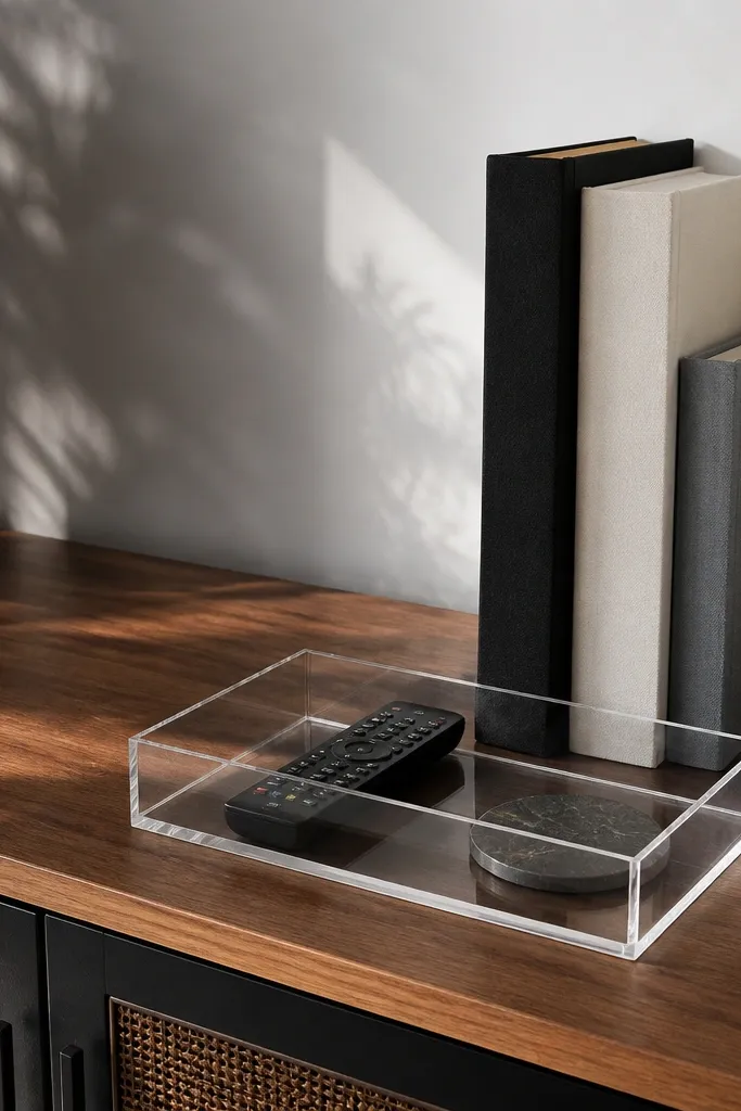 Book stack setup with a slim tray placed on the coffee table