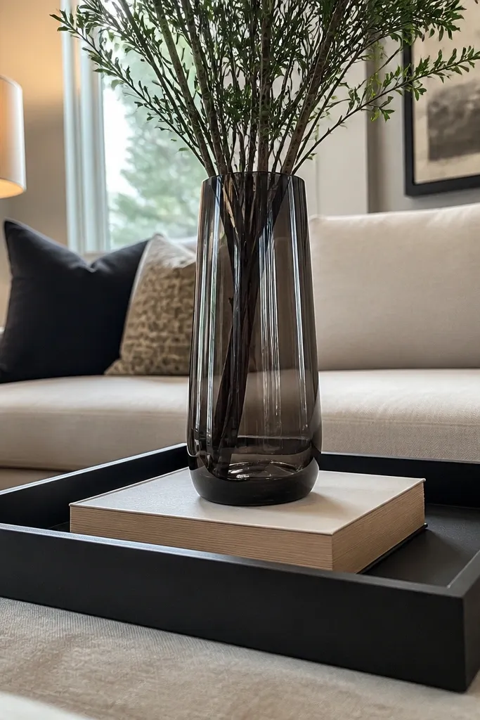 Black tray with a tall vase resting on books
