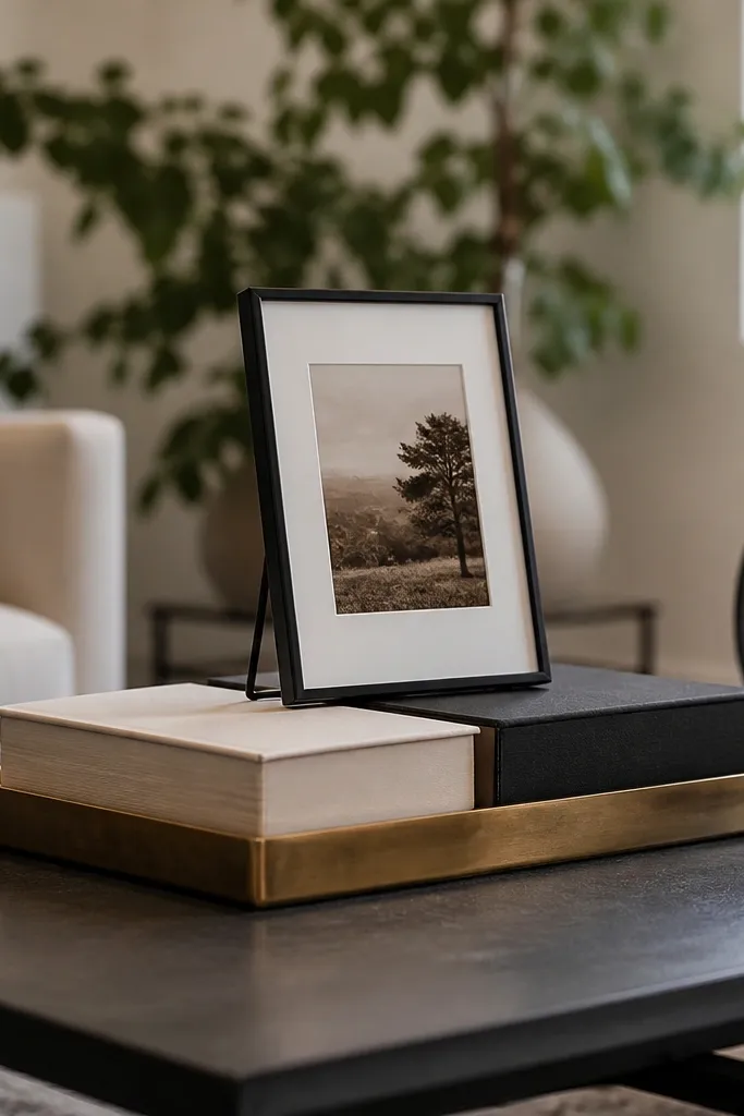 Brass tray with two books and a small framed stand