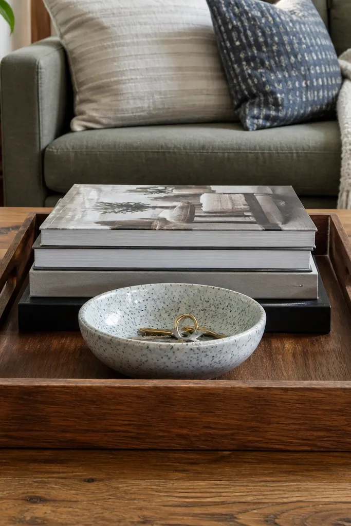 Wood tray with a book stack and a small ceramic bowl