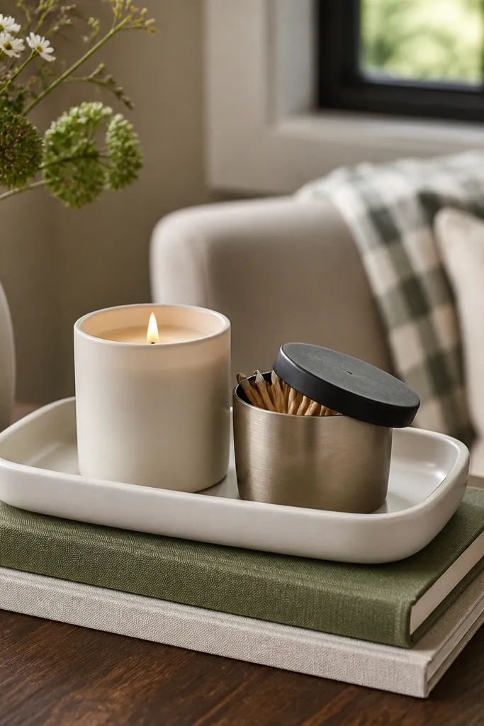 Two books stacked with a low tray holding a candle and match holder