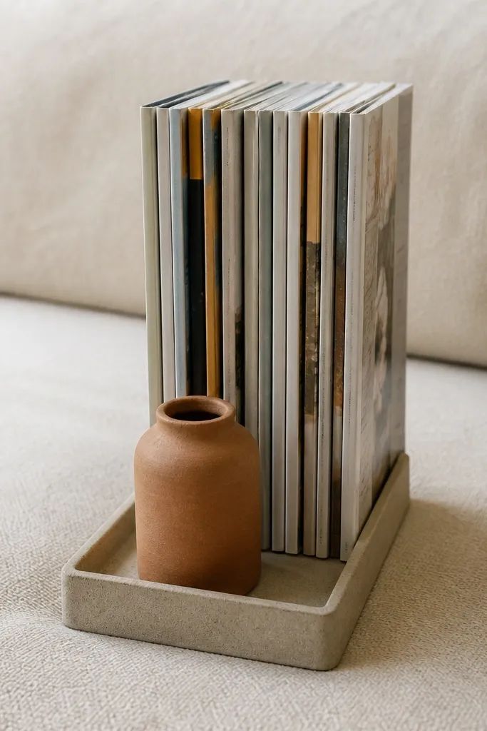 Tray holding a vertical magazine stack and a short vase