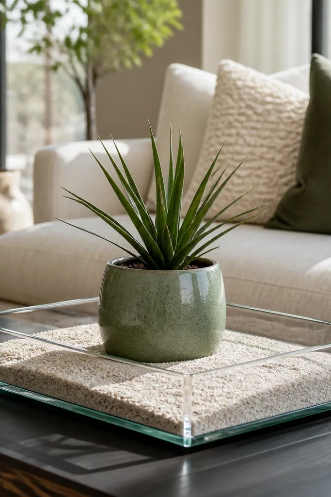 Glass tray with sand and a small plant in a ceramic pot