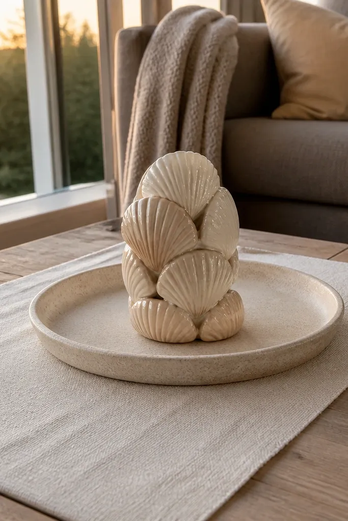 Linen runner under a tray with small ceramic shell-like pieces