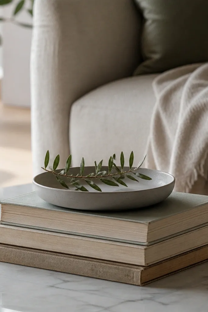 Three books on table with a small dish and one plant stem