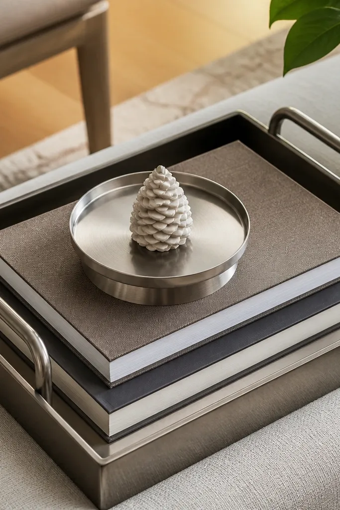 Rectangular tray holding a book stack with a small dish on top