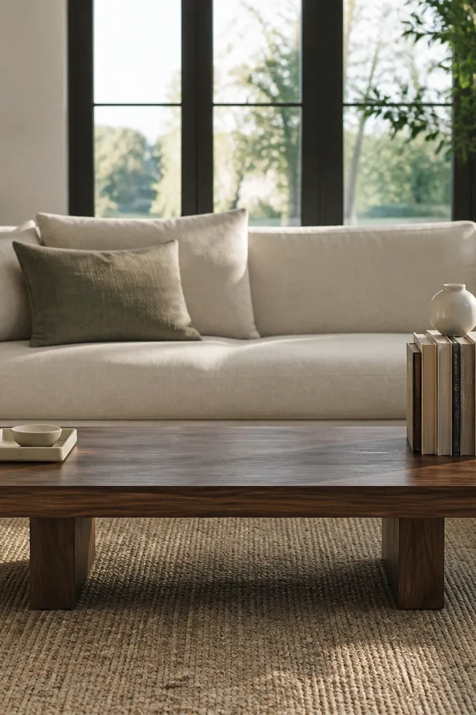 Coffee table with small tray on one end and a book cluster on the other