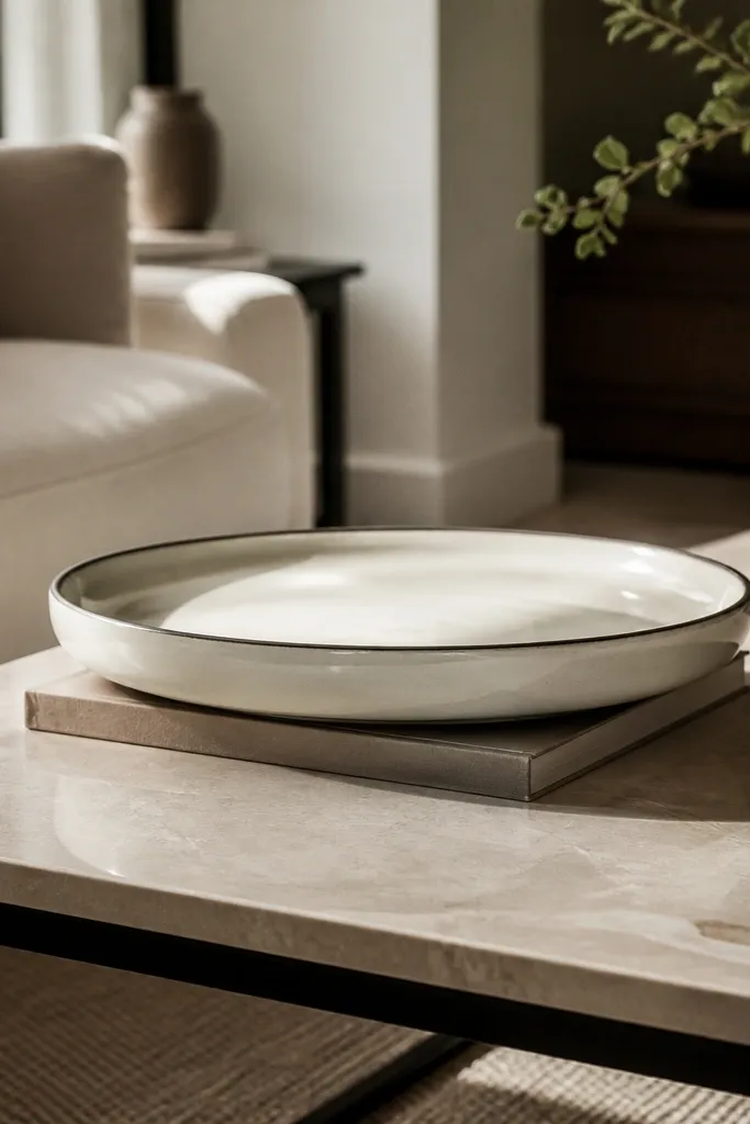 Round ceramic tray sitting on a slim book base on a rectangular table