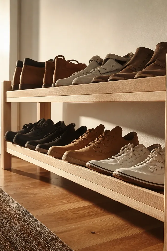 Wood slat shoe rack with a raised front lip holding sneakers