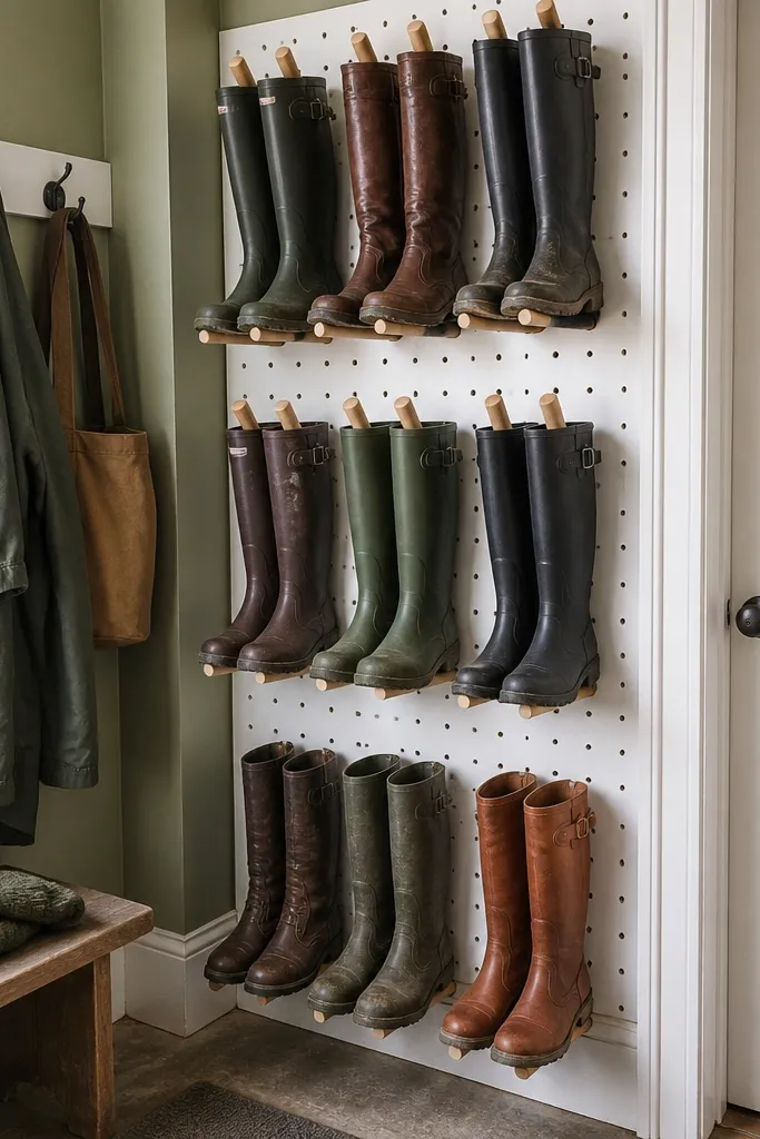 Pegboard wall with vertical boot holders and neat rows of boots