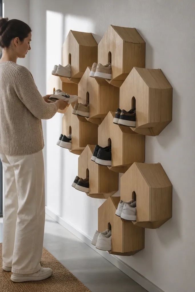 Wall-mounted wooden hex shelves with shoe toe slots