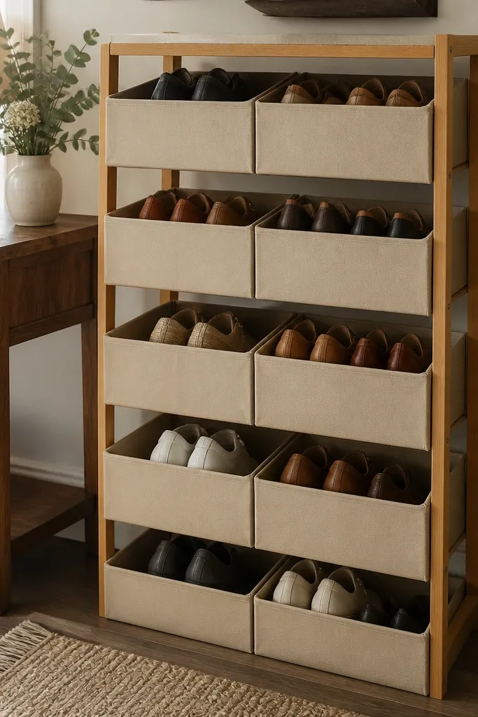 Rigid wood frame with fabric drawers for shoe storage