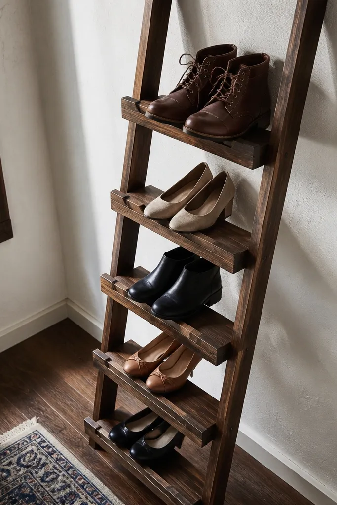Corner ladder-style wooden rack with shelves for shoes