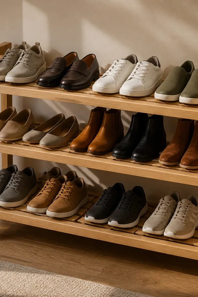 Small rolling wooden cart with slatted shelves for shoes