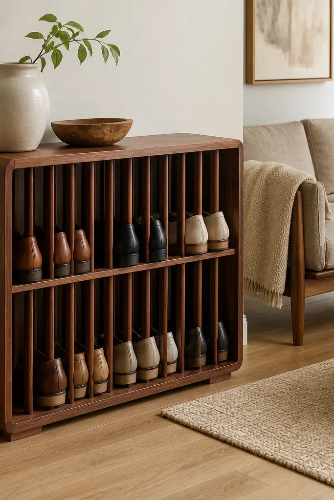Walnut slat shoe rack with warm wood tones and clean lines