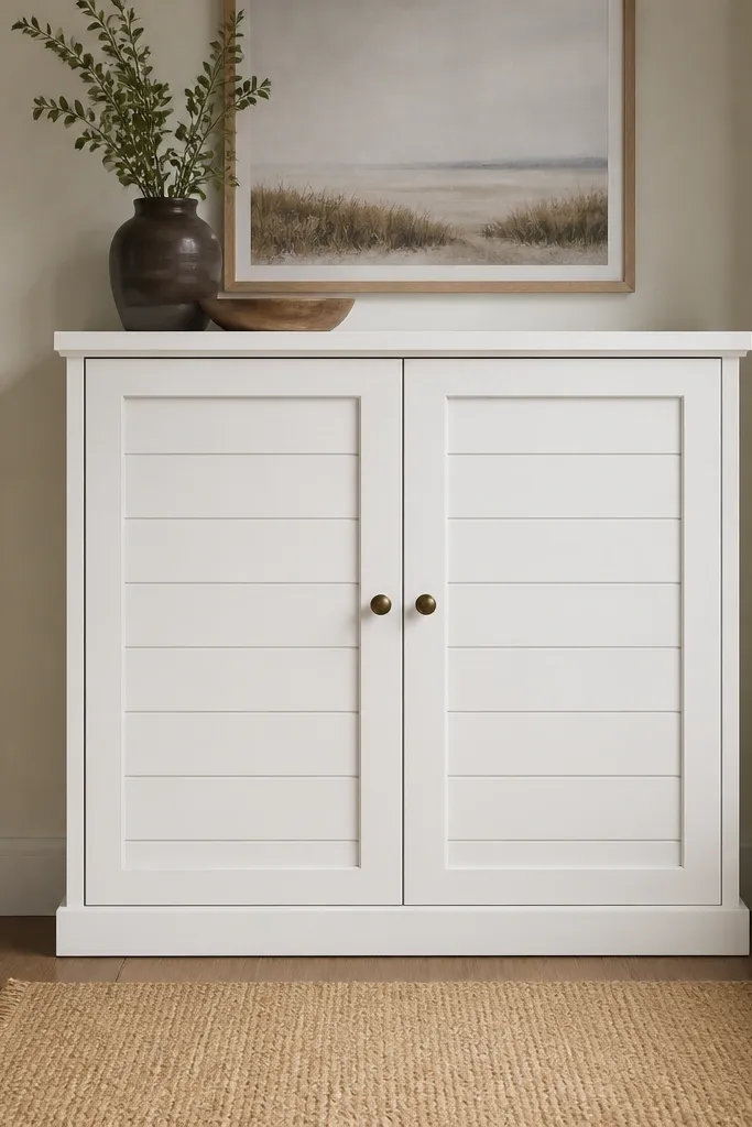 White shiplap cabinet with hinged doors for shoe storage