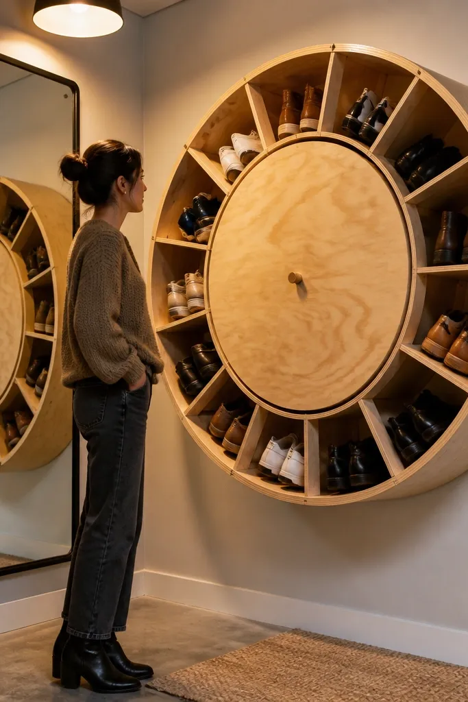 Circular plywood rotating shoe rack on a wall