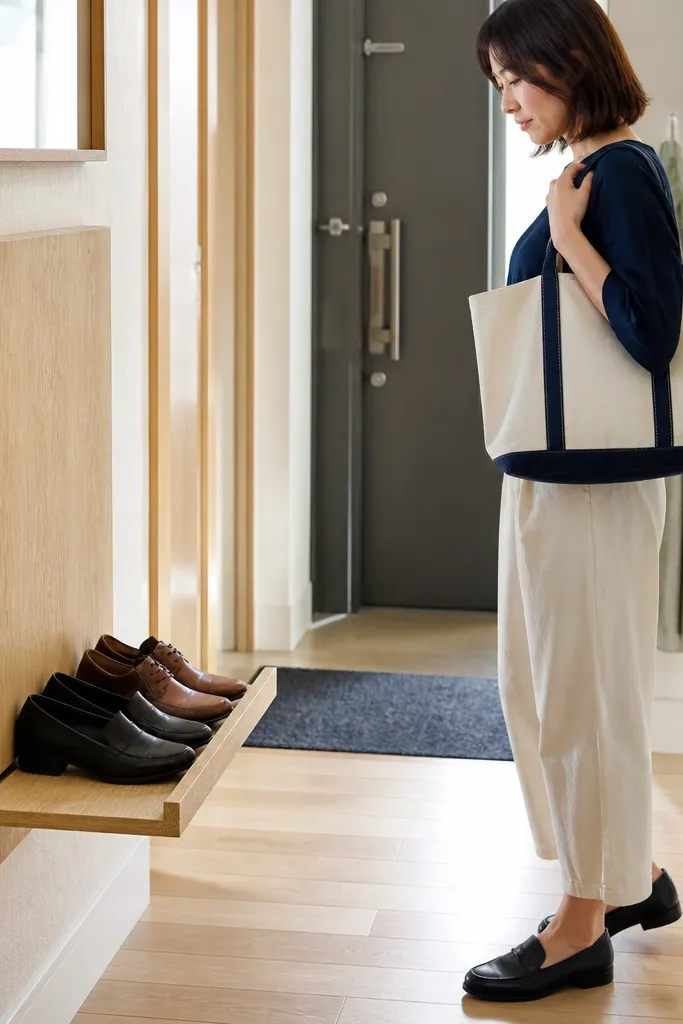 Wall-mounted fold-out shelf with toe stop for shoe storage