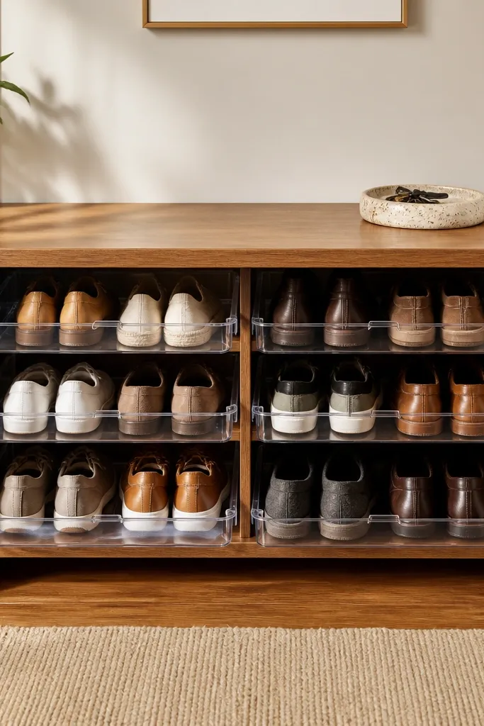 Bench with clear removable trays for shoes