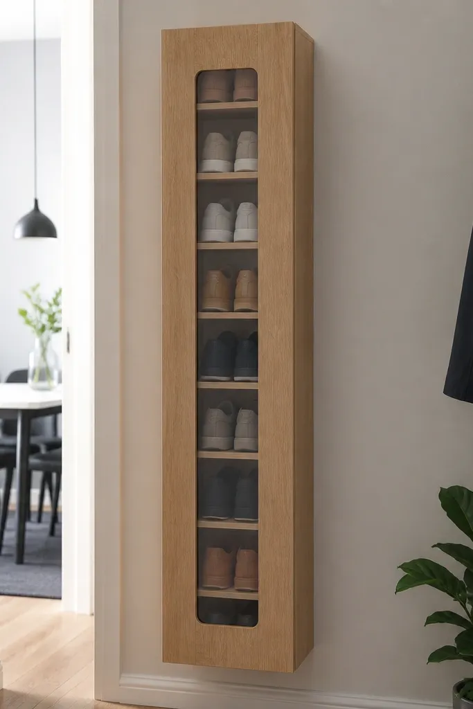 Slim vertical shoe rack with a front window panel and shelves