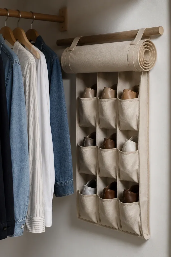 Roll-up fabric shoe organizer hanging on a wooden rod
