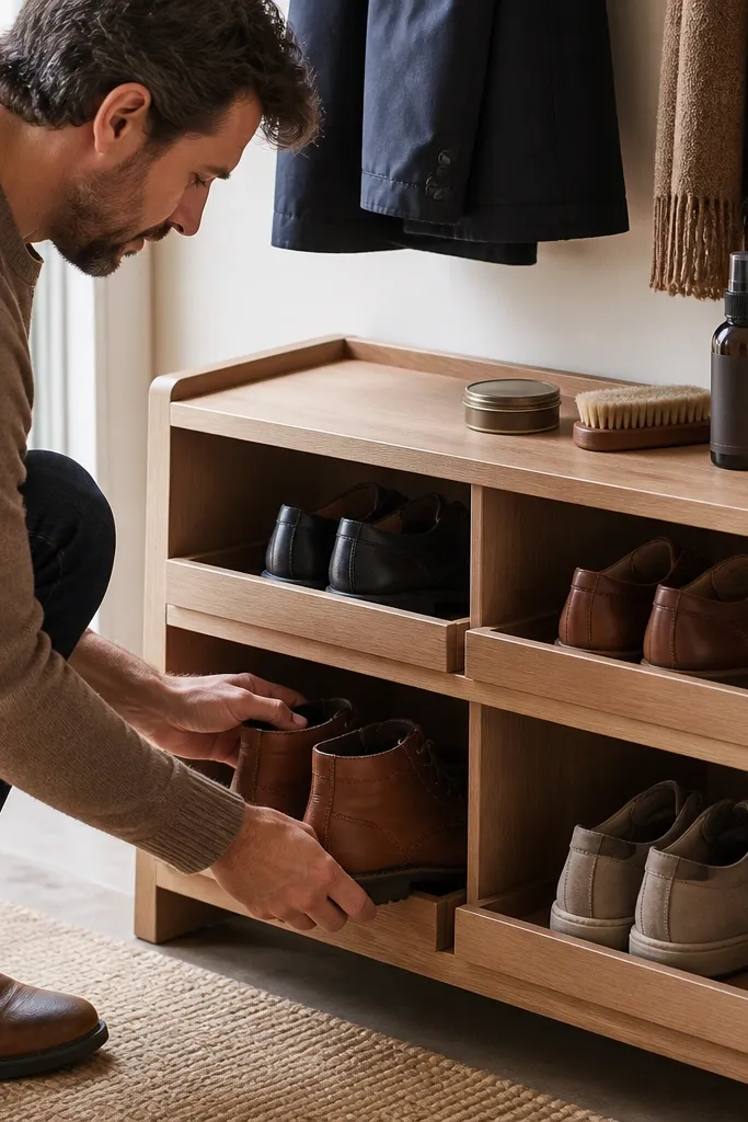 Shoe rack with a top shelf holding shoe polish and brushes