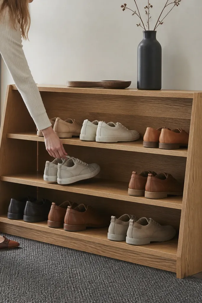 Open shoe shelf rack with angled side wings holding shoes in place
