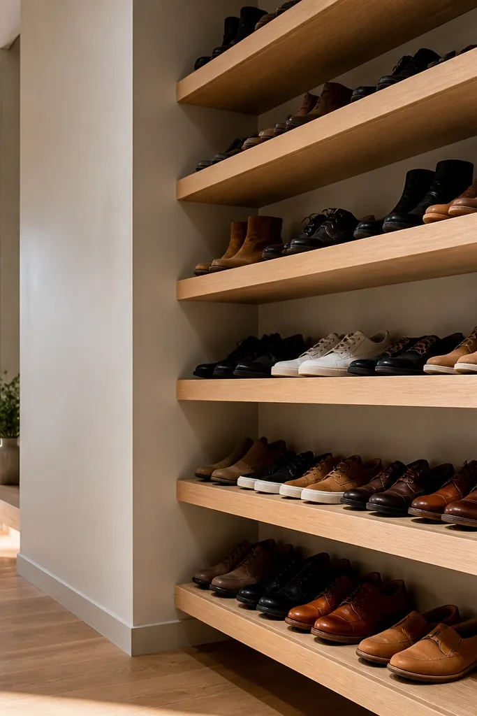 Floating corner shoe shelves with small hidden stops