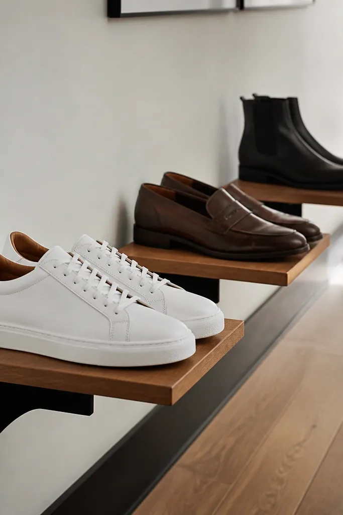 Three wall shelves holding sneakers upright in neat pairs