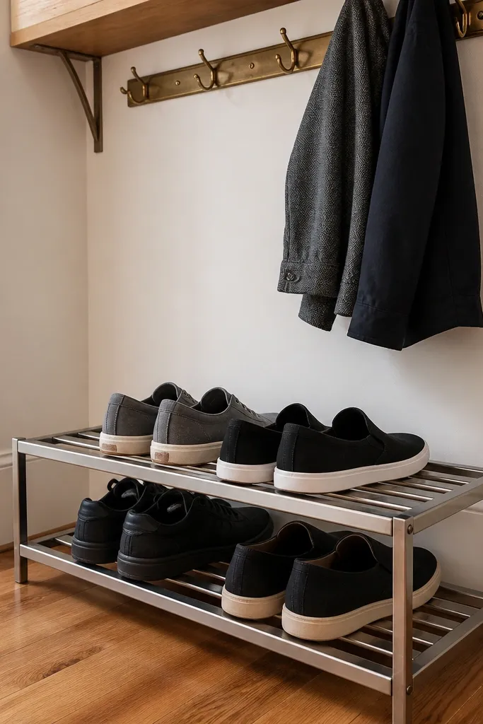 A slim metal rack under a shelf holding boots and sneakers