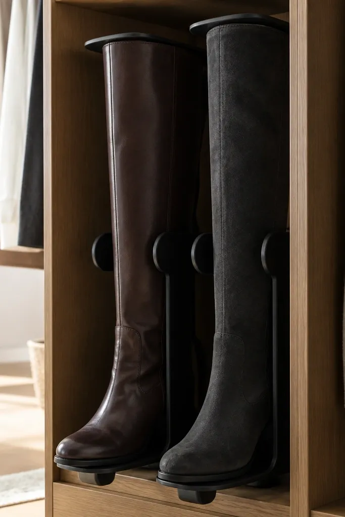 Boots standing upright in curved wooden inserts