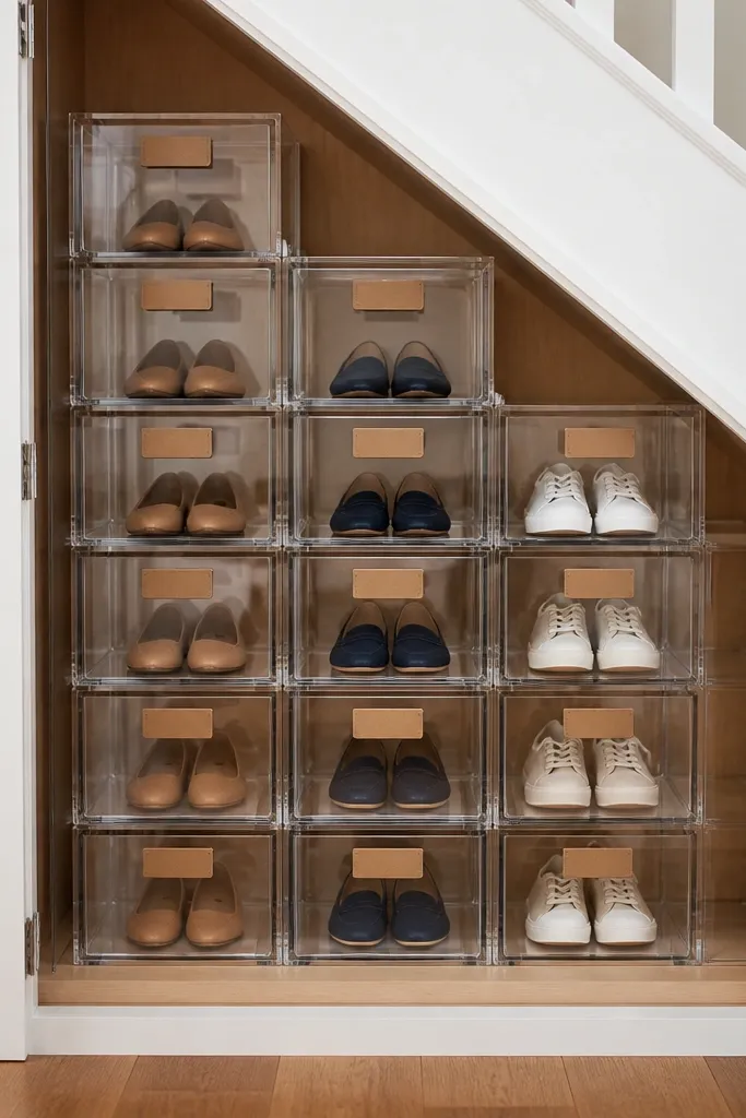 A drawer unit with clear fronts showing organized shoes
