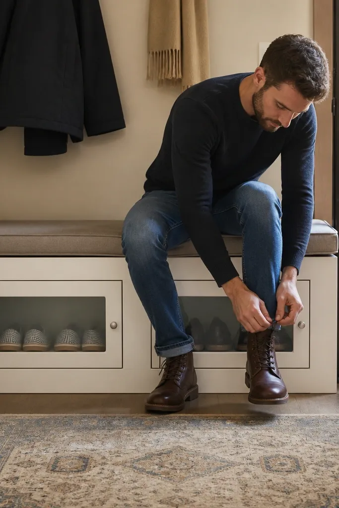 A bench with door panels hiding shoes inside