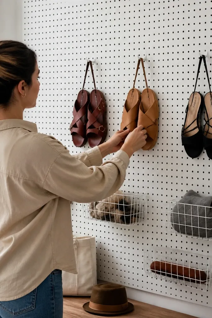 Pegboard wall with small baskets holding shoes neatly