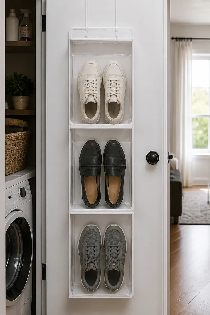 Over-the-door organizer with clear pockets showing shoes