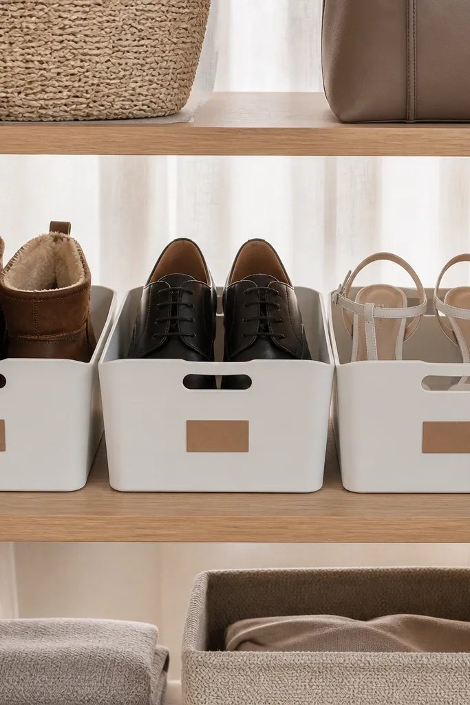 Matching bins on a closet shelf with neat labels