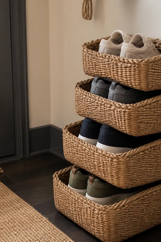 Stacked woven baskets with rope trim holding sneakers