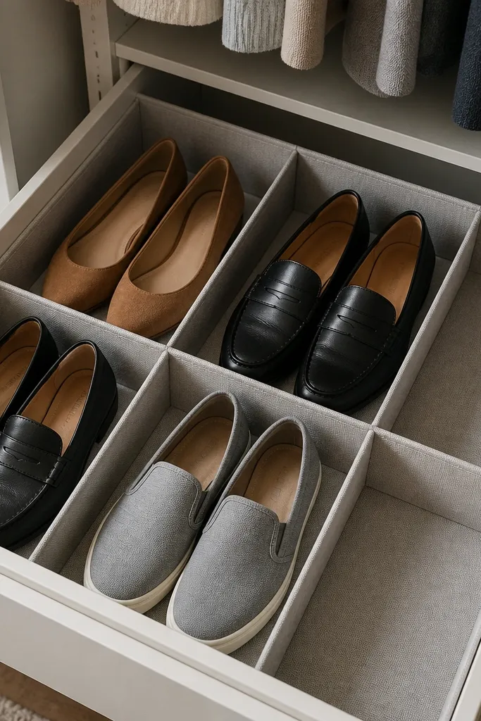 Drawer with compartments holding shoes in neat rows