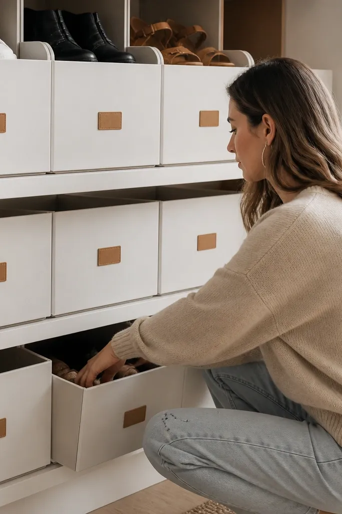 A shelf made of stacked boxes with labels on the front