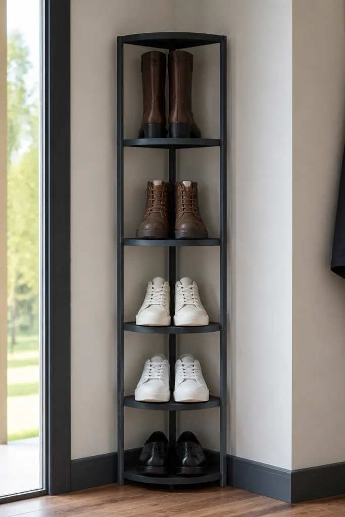 A narrow corner cabinet with shelves holding shoes upright