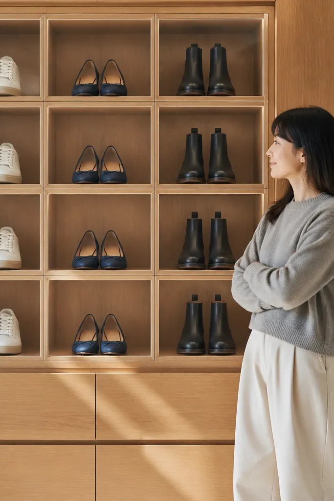 Shoe cubbies with clear fronts showing neatly aligned pairs