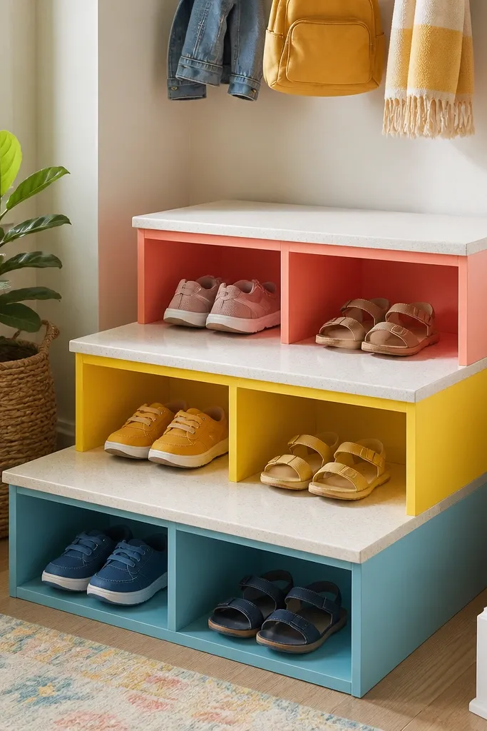 A small shoe step organizer with color blocks for pairs
