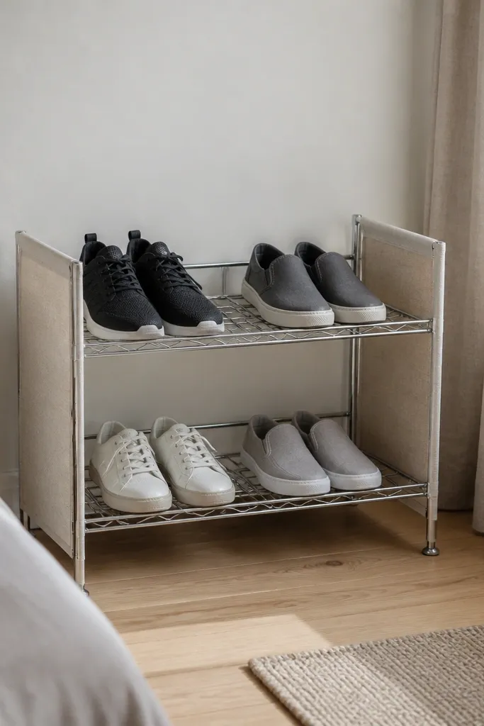 Wire shoe rack with fabric panels holding pairs upright