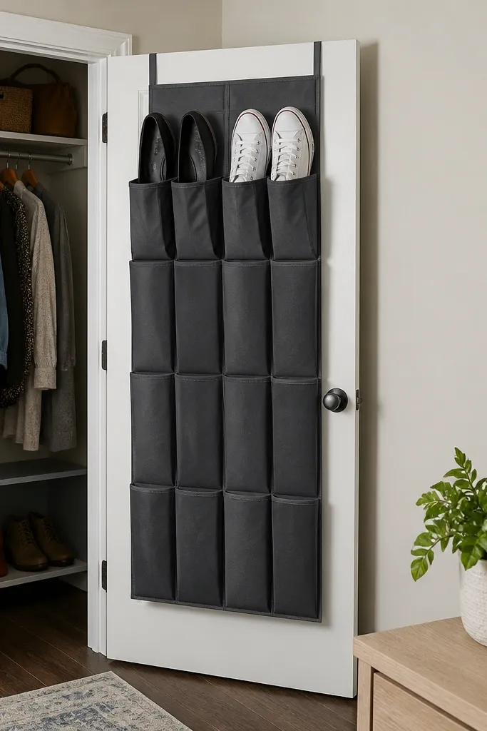 A folding organizer with pockets attached inside a closet door