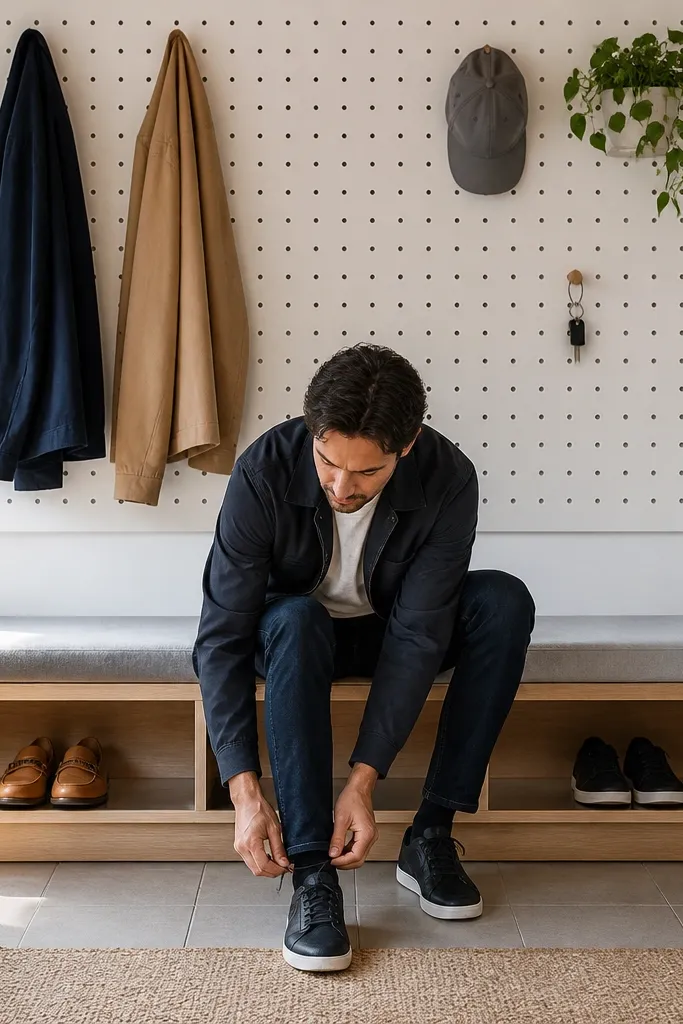 A small bench with pegboard panel and shoe slots underneath
